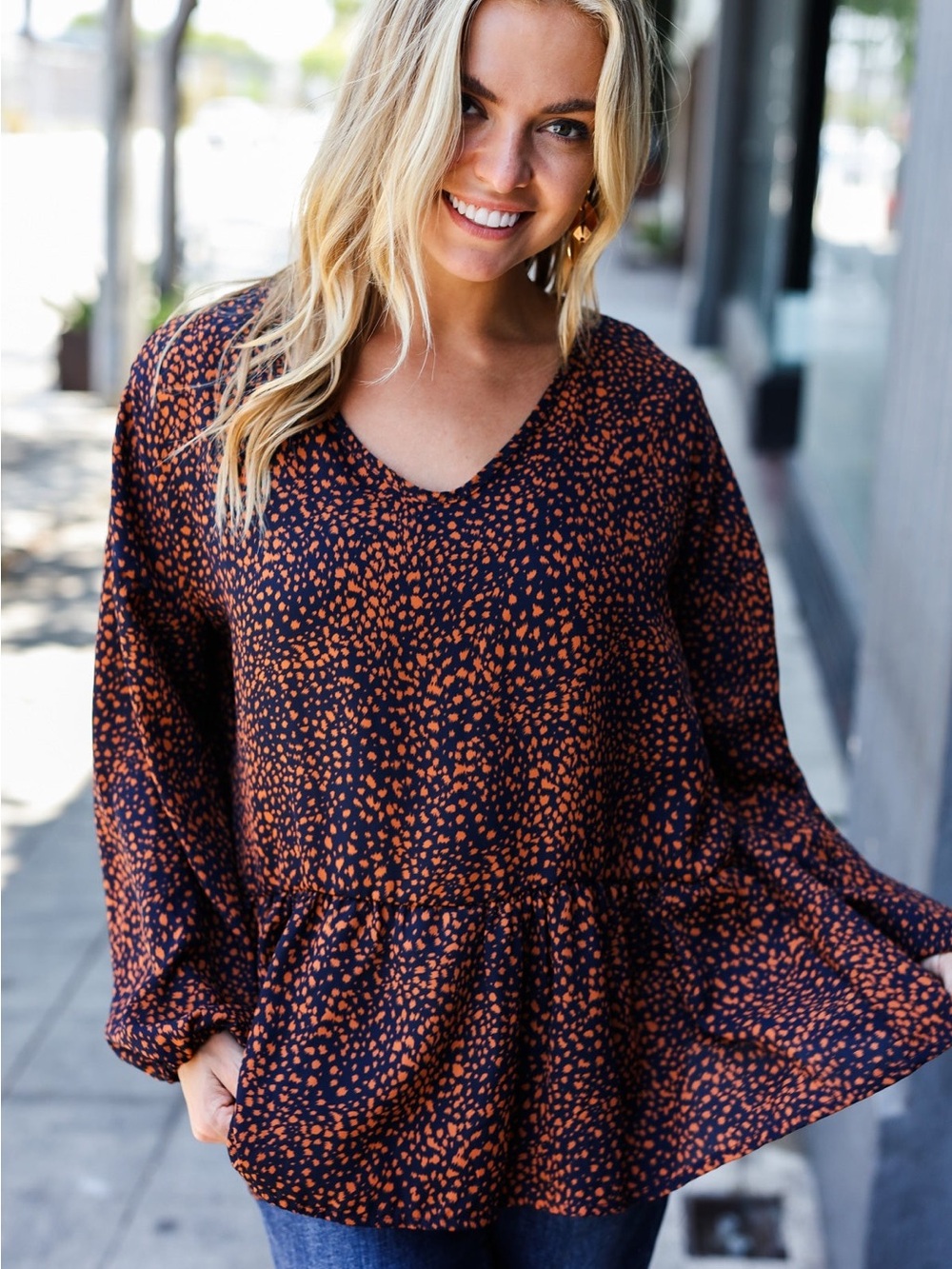 Haptics Black & Rust Printed Long-Sleeve Peplum Blouse